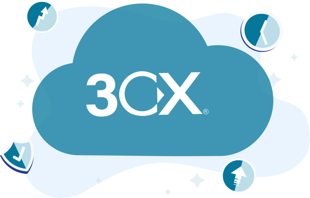 Desenho de uma nuvem e dentro o logo 3CX e na volta ícones demonstrando as qualidades do produto