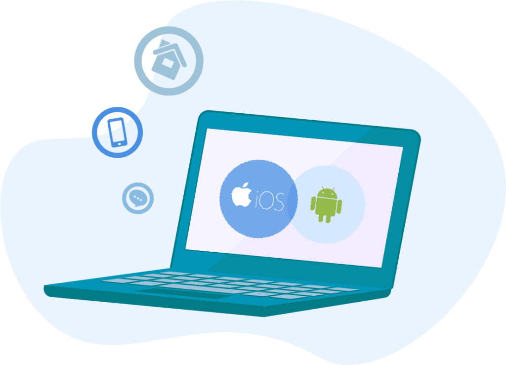 Desenho de um computador com os logos iOS e Android