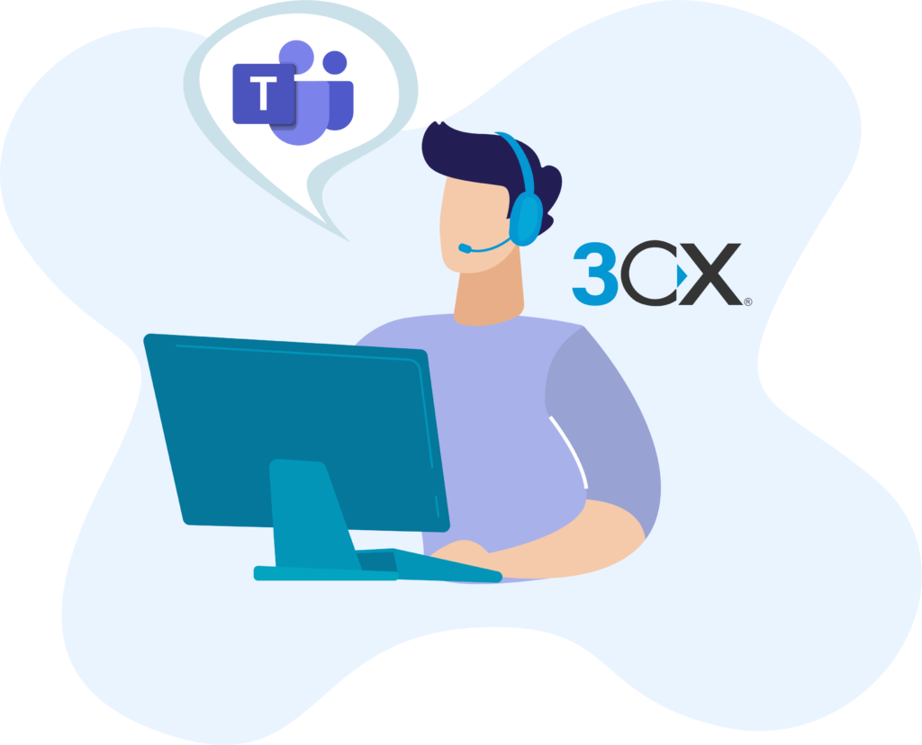 Desenho de um atendente falando com uma nuvem com o logo do Microsoft Teams e o logo 3CX