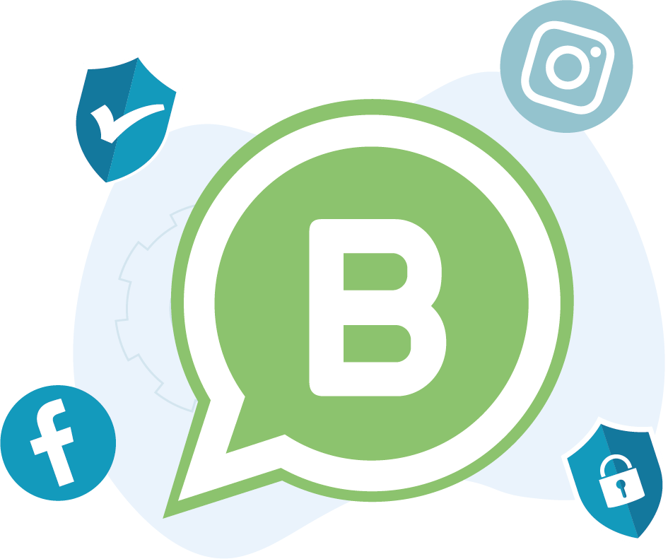 Símbolo do WhatsApp Business cercado por ícones do Facebook e Instagram e um cadeado e um escudo